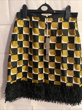 Etcetera Gold, Black & White Geometric Mini Skirt with Feather Trim